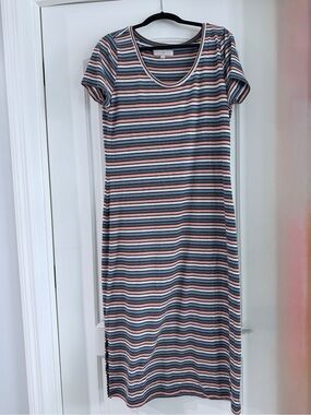 LOFT Metallic Striped Scoop-Neck Midi Dress in Pink, Blue & Gray